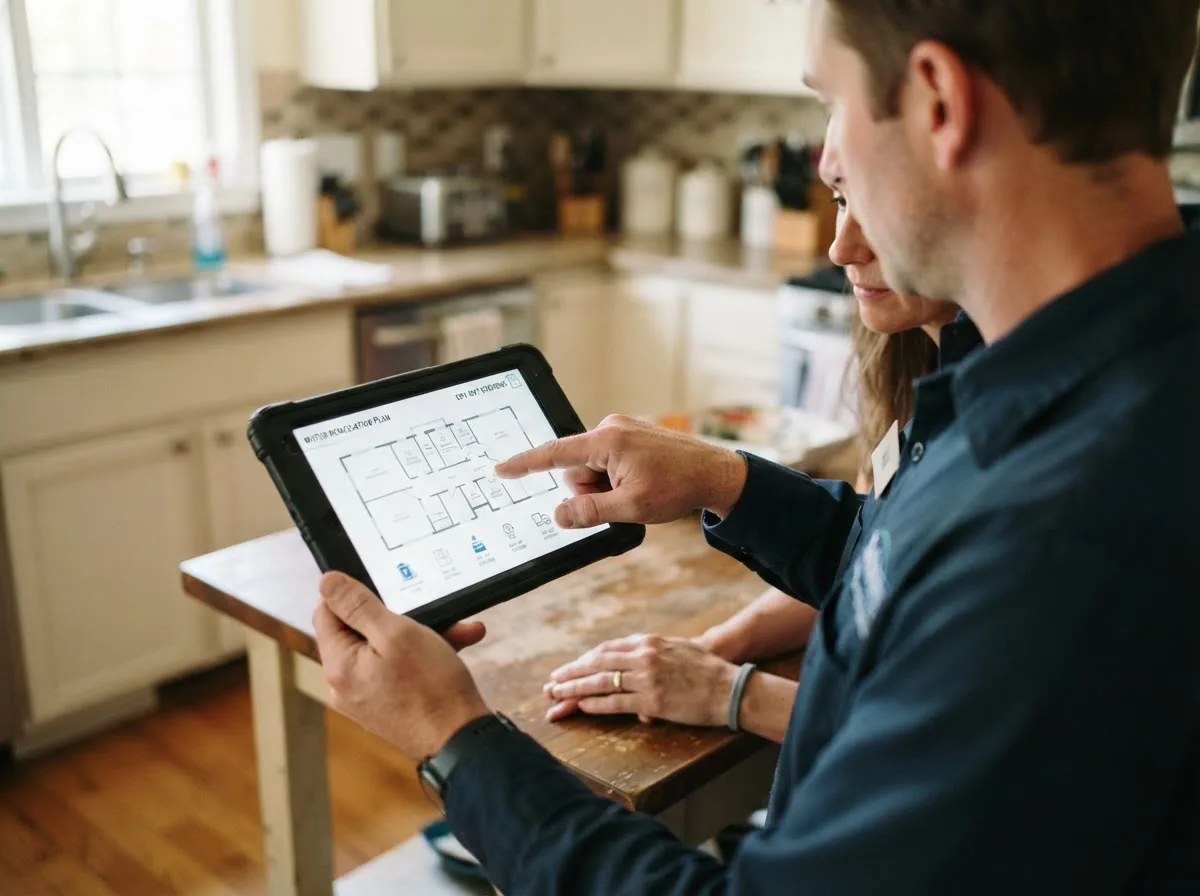 Water damage restoration technician inspecting a home in Hanover, IN